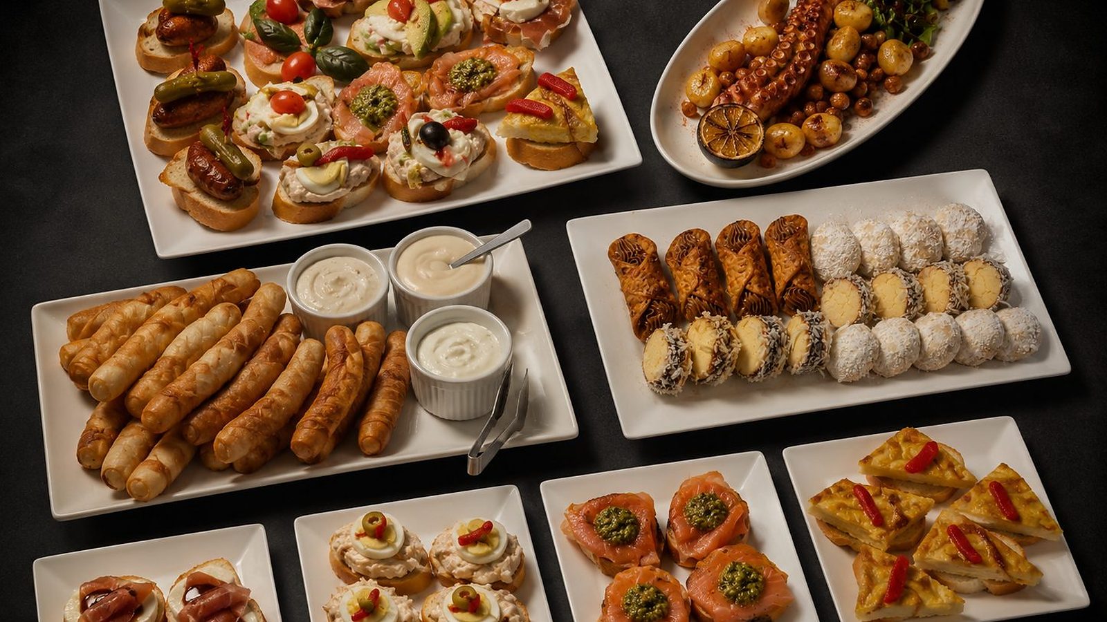A Renzo's catering spread — montados, tequeños, tortilla española and dulces on trays