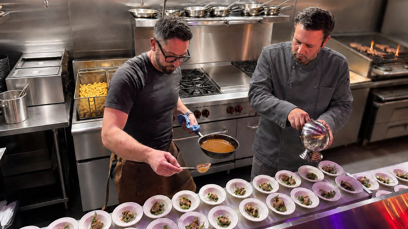 Claudio and Renzo plating a catering course in the Renzo's kitchen, Tampa Bay