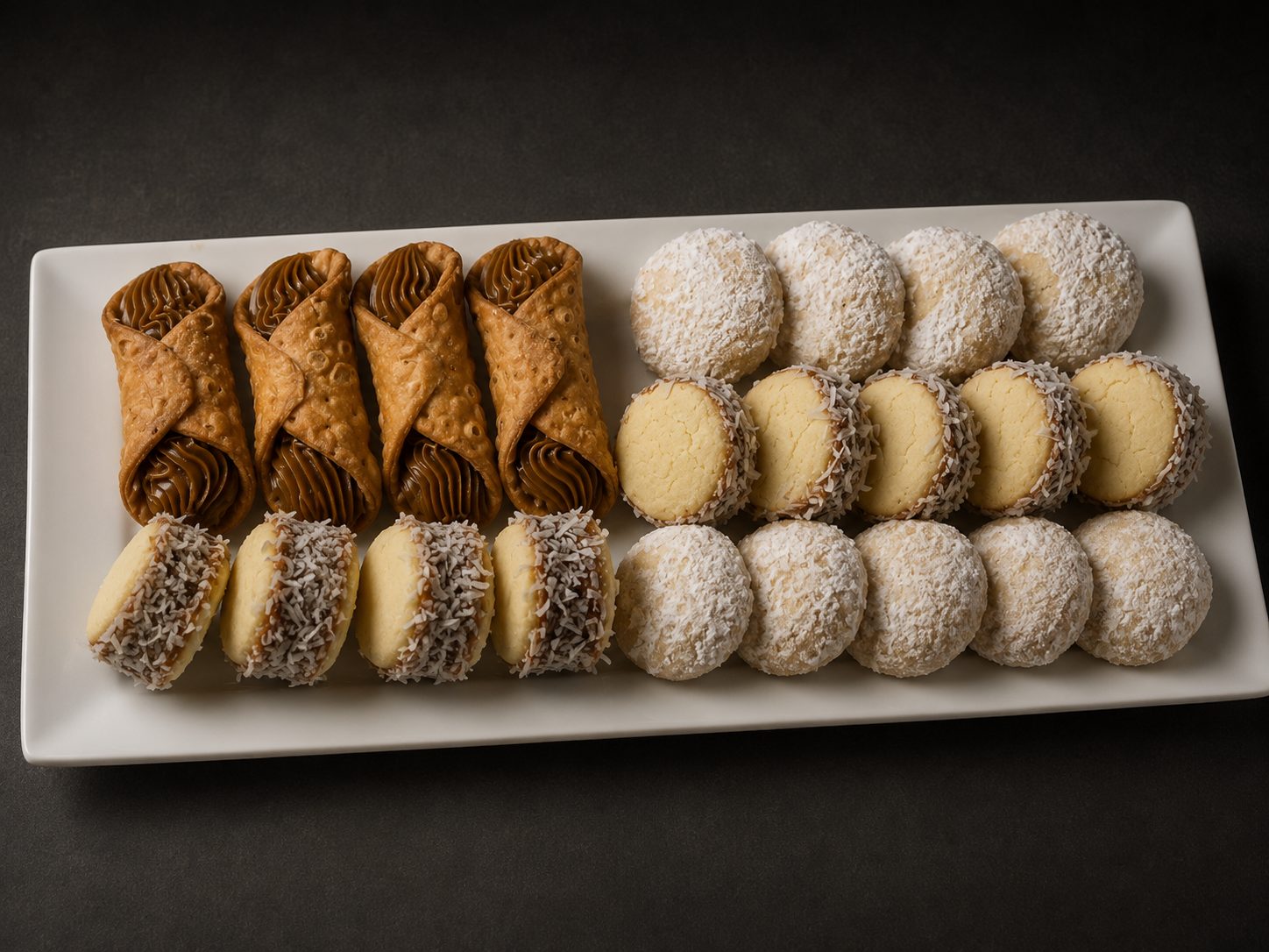 A tray of Renzo's Argentine sweets — dulce de leche cannoli, coconut-rimmed alfajores and powdered polvorosas