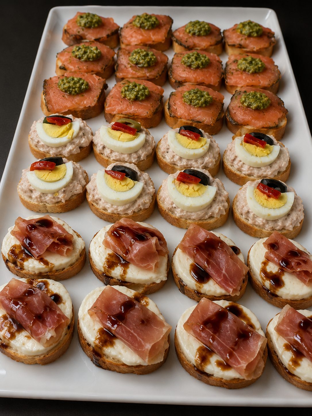 Smoked salmon, tuna and egg, prosciutto and mozzarella bites
