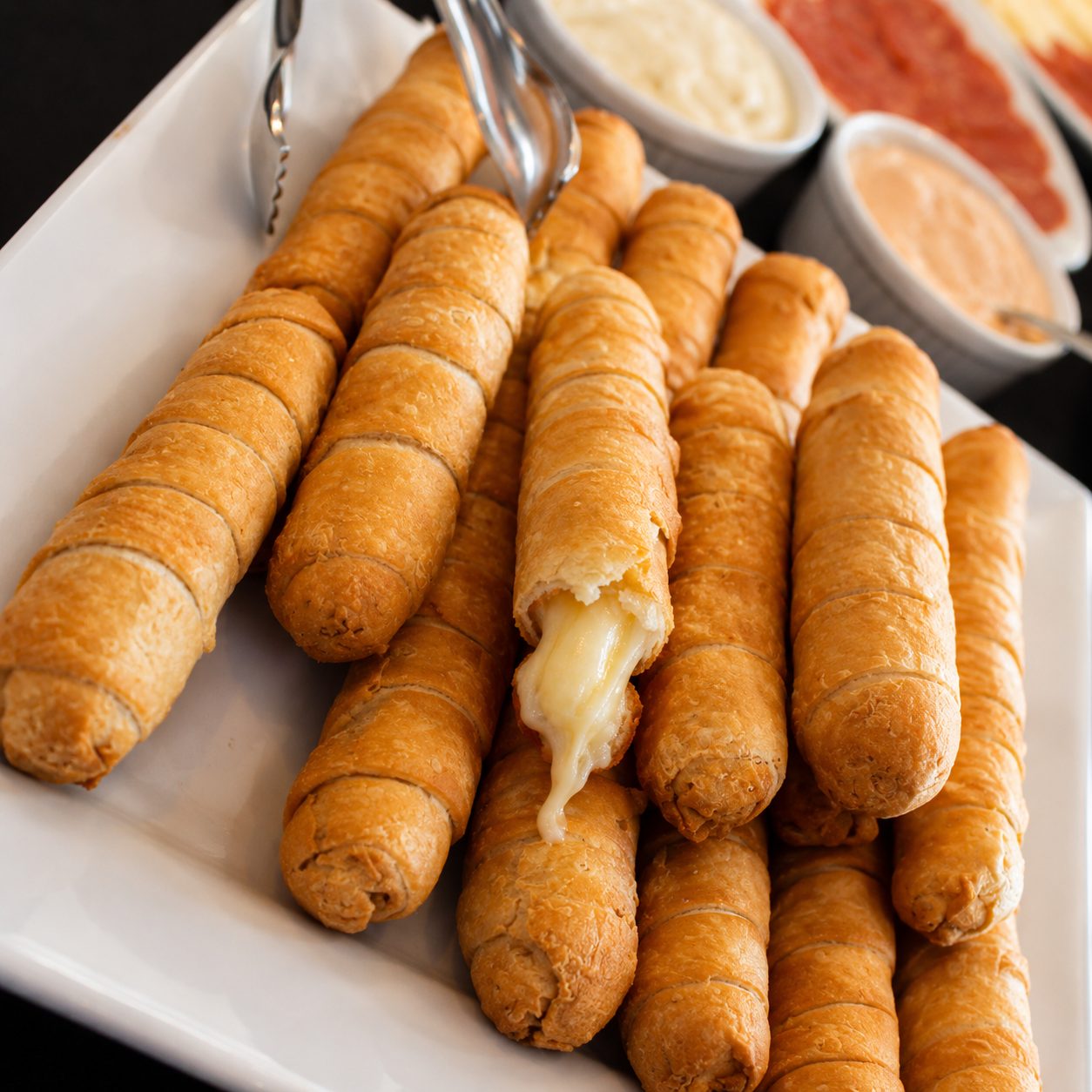 Tequeños platter with dipping sauces