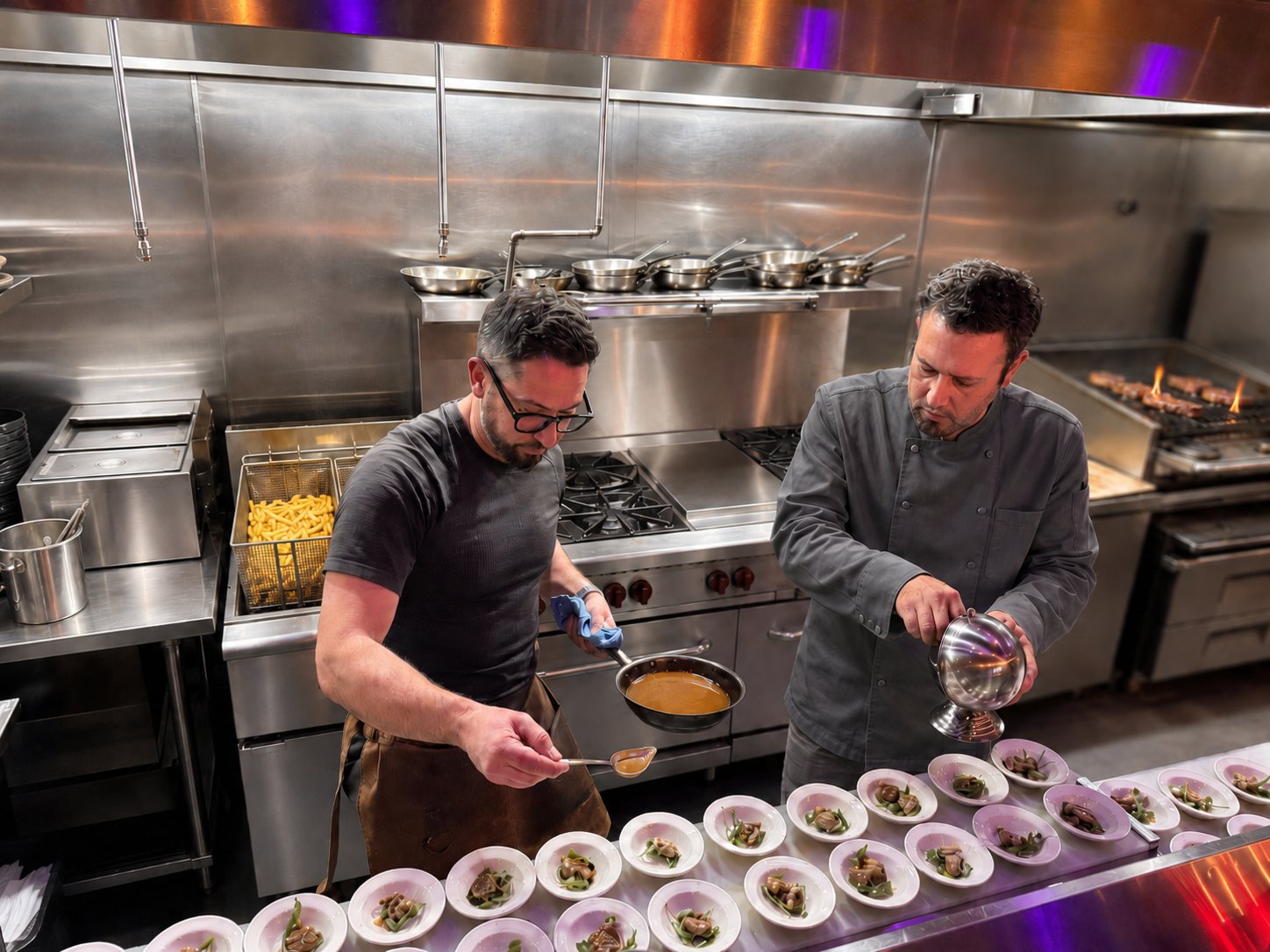 Claudio and Renzo plating dishes side by side on the kitchen line at Renzo's